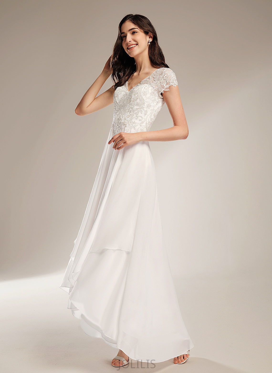 Chiffon Dress Lace Asymmetrical Wedding Dresses V-neck Lillianna Wedding A-Line