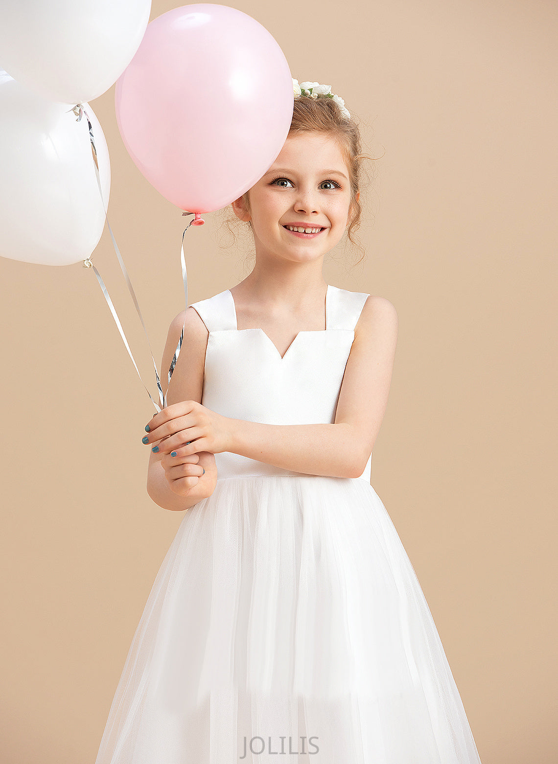 Neckline Flower Satin/Tulle Girl Ankle-length Dress - Square Sleeveless Ball Gown Jazmin Flower Girl Dresses