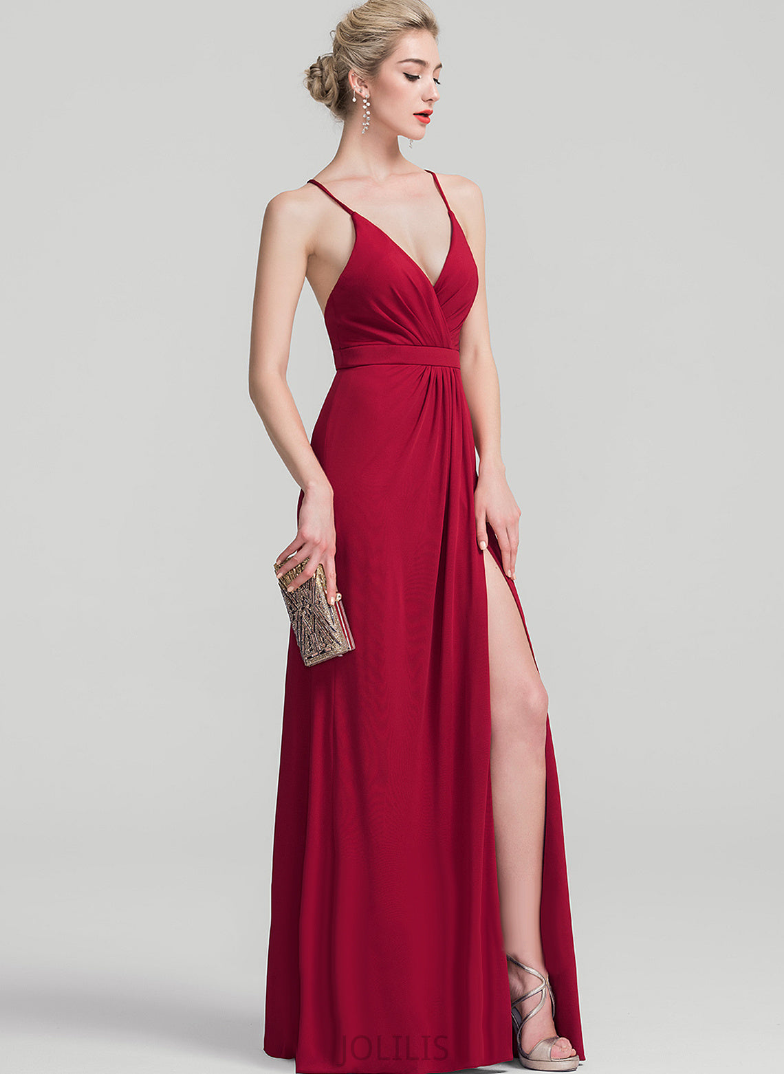 Kimberly Pleated V-neck Floor-Length Prom Dresses With Sheath/Column Jersey