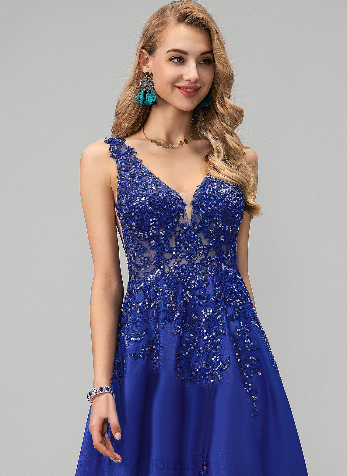 Floor-Length Sequins With A-Line V-neck Prom Dresses Satin Alexandria