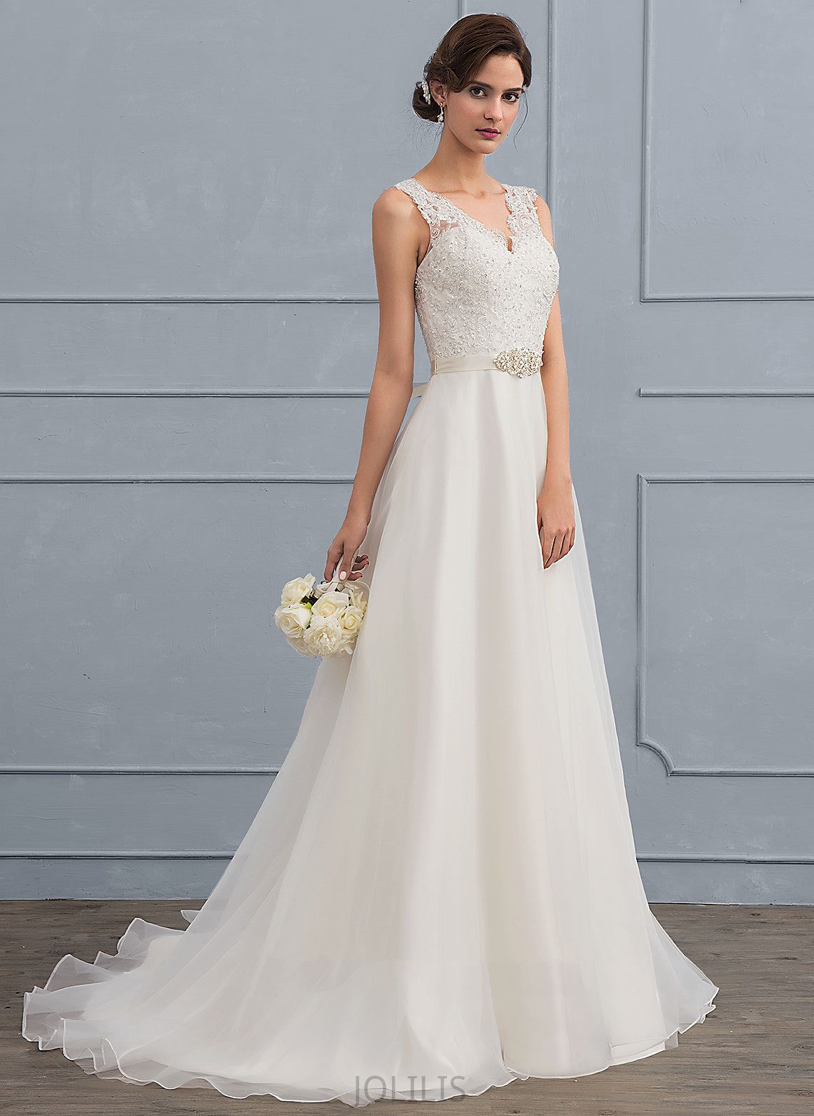 Lace Wedding Wedding Dresses Bow(s) A-Line Sweep Organza Train Beading Bailey With Dress V-neck