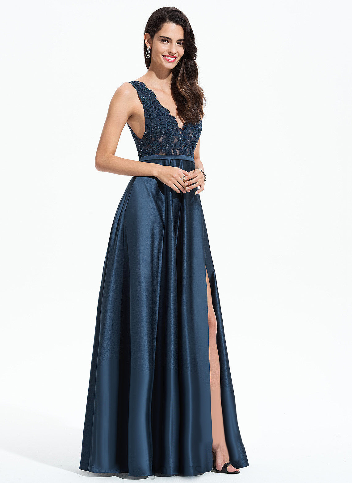 A-Line Satin Sequins With Aracely Lace V-neck Floor-Length Prom Dresses