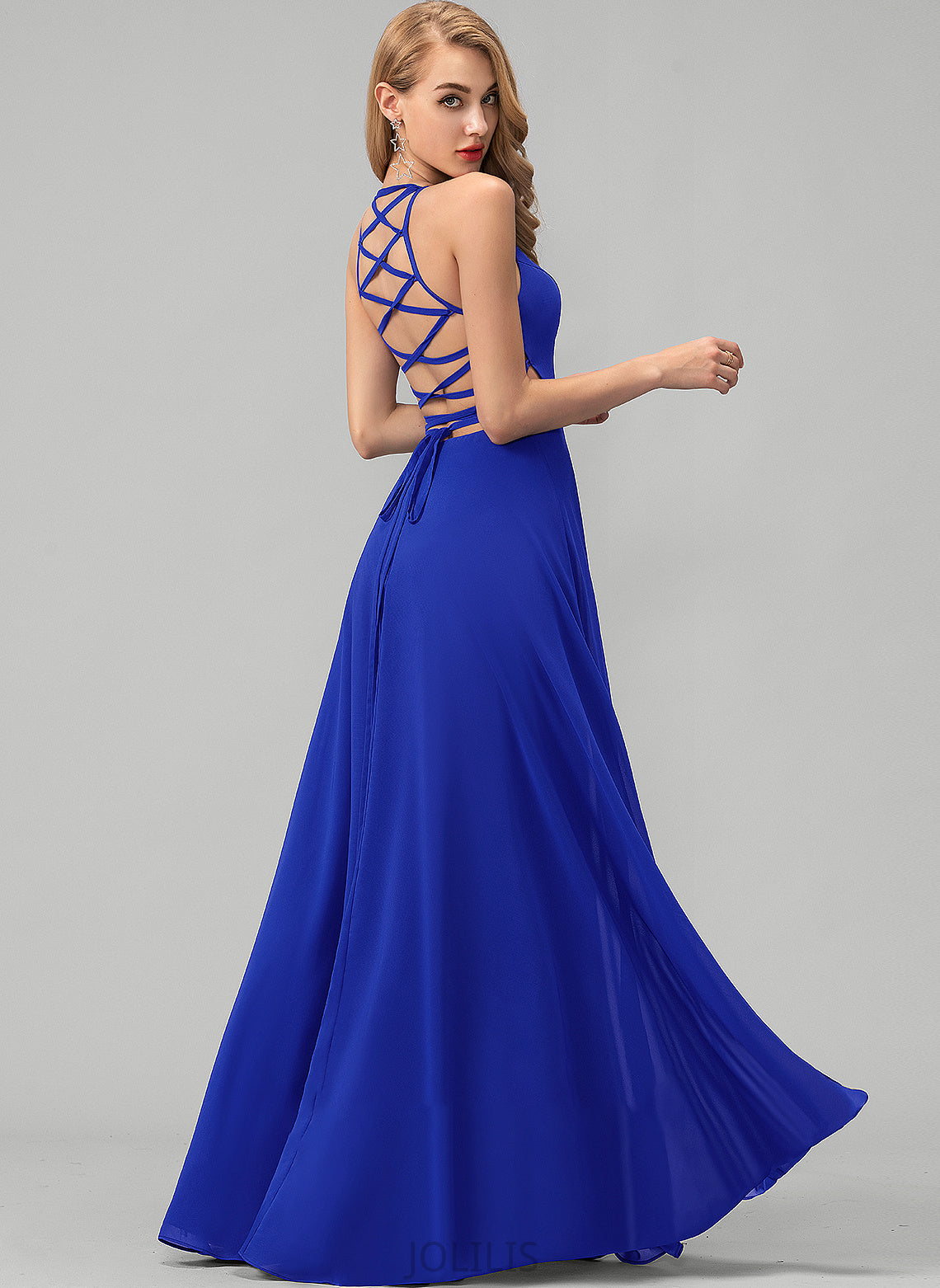 Chiffon Diamond Scoop Prom Dresses Neck Split With Front A-Line Floor-Length