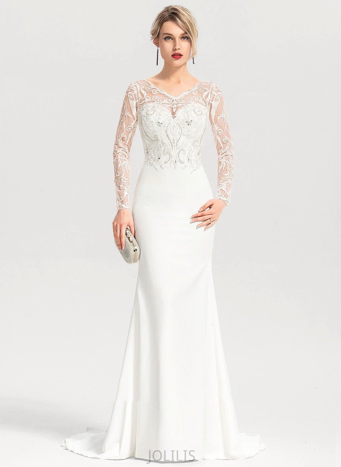 Beading With Dress Sweep Wedding V-neck Wedding Dresses Trumpet/Mermaid Sequins Stretch Train Daniella Crepe