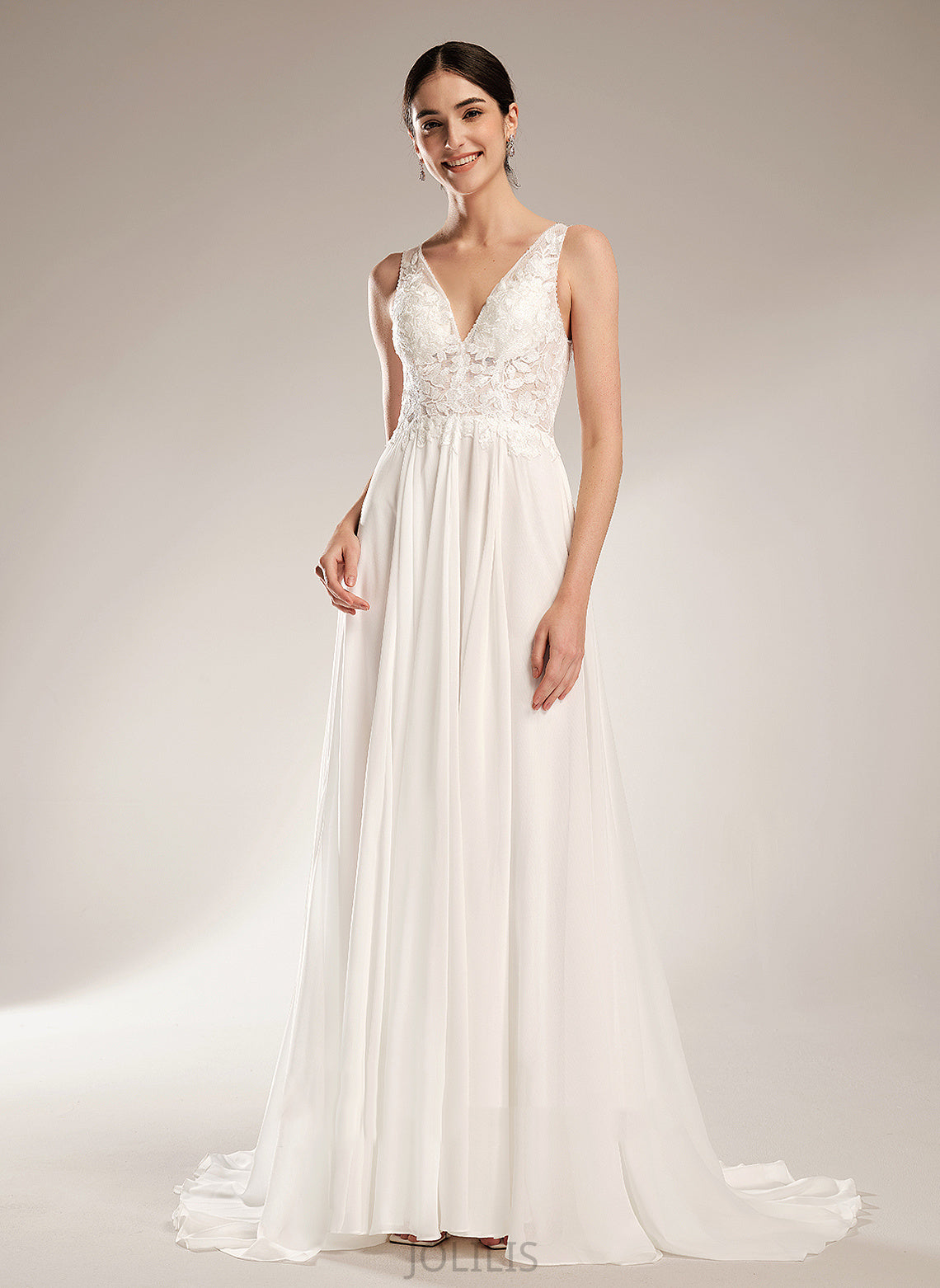 A-Line Train Dress Rihanna Wedding Court V-neck Chiffon Sequins Wedding Dresses Lace With Beading