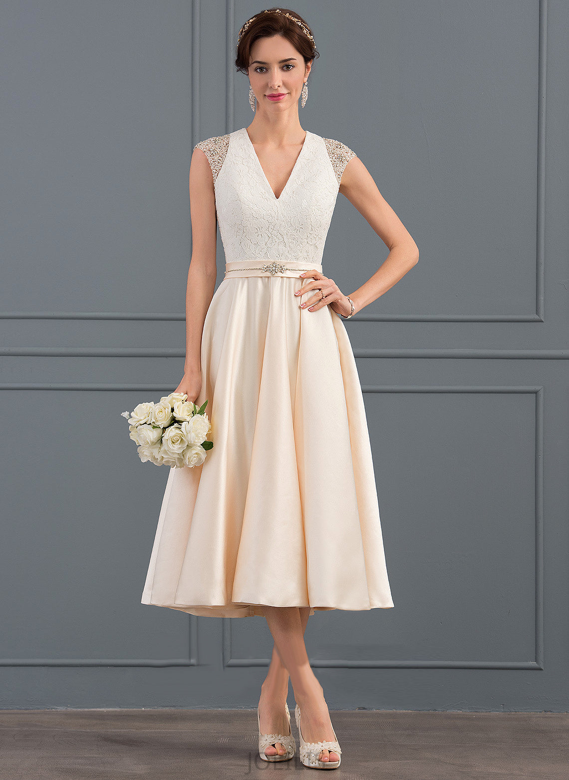 Wedding With V-neck Beading Sequins Maggie A-Line Satin Dress Wedding Dresses Tea-Length