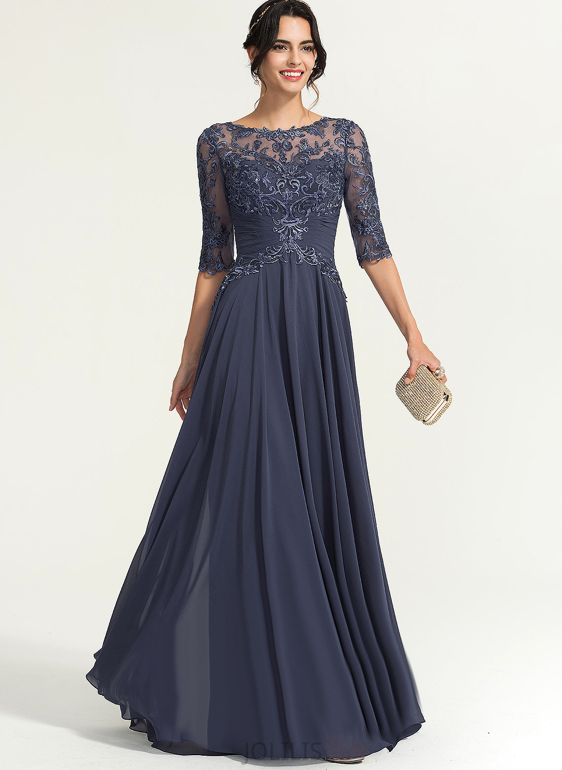 Scoop With Pleated Chiffon Lace Illusion A-Line Prom Dresses Sequins Floor-Length Genevieve