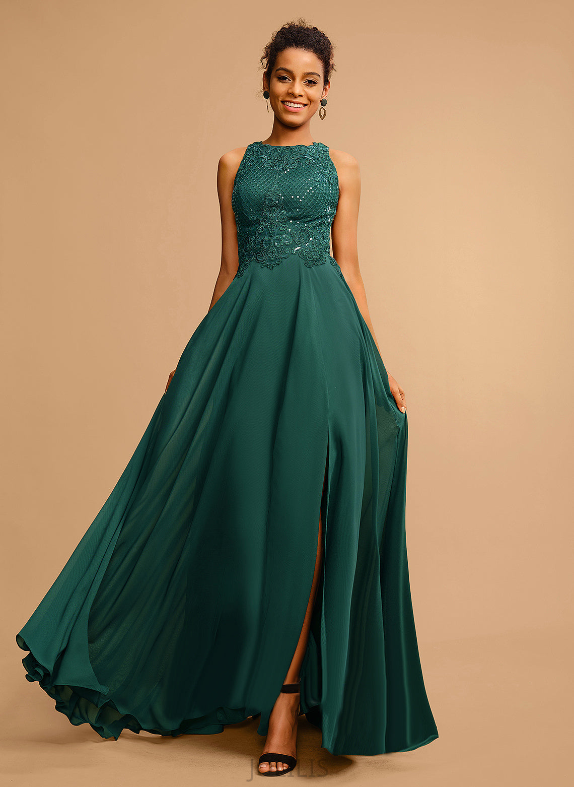 Prom Dresses Sequins Jasmin Lace A-Line Chiffon With Floor-Length Scoop