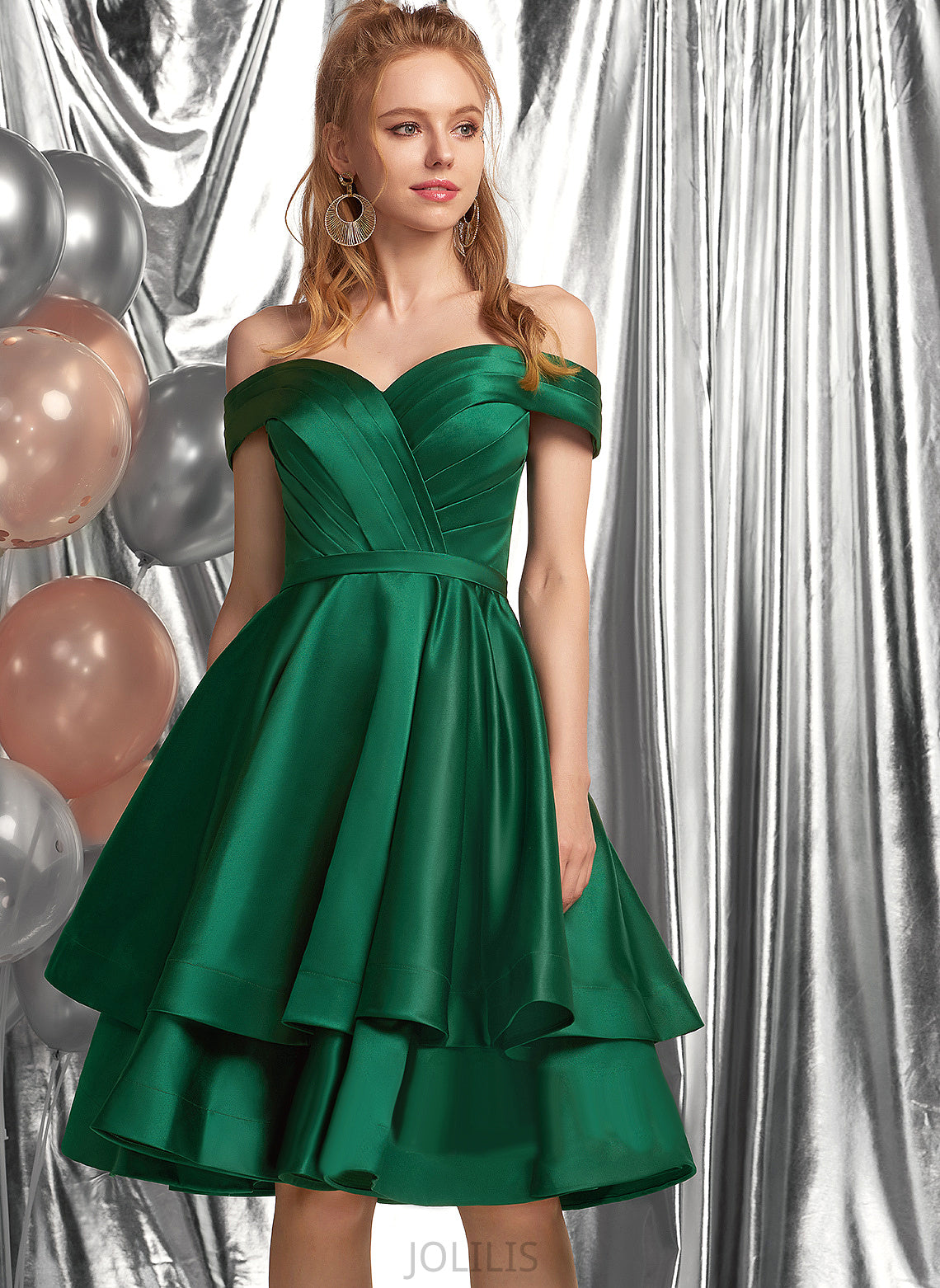 Ruffle Katherine Knee-Length With Off-the-Shoulder Dress Homecoming Satin Homecoming Dresses A-Line