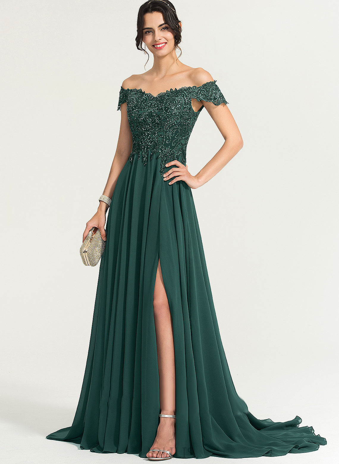 Natalya Sequins Front A-Line Off-the-Shoulder Split Chiffon Prom Dresses Train Sweep With