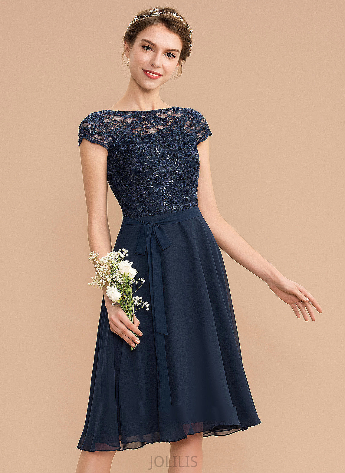 Lace A-Line Chiffon With Scoop Homecoming Dress Knee-Length Bow(s) Eliana Neck Homecoming Dresses