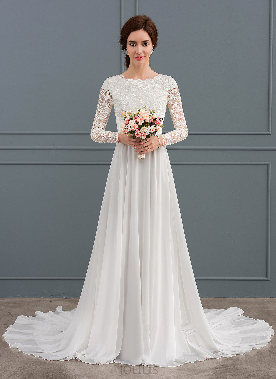 Kamari With Neck Beading Court Scoop Wedding Dresses Train Wedding Chiffon A-Line Dress