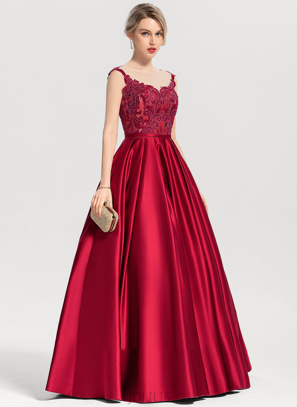 Sequins Ball-Gown/Princess Layla Neck Scoop Satin Prom Dresses With Floor-Length