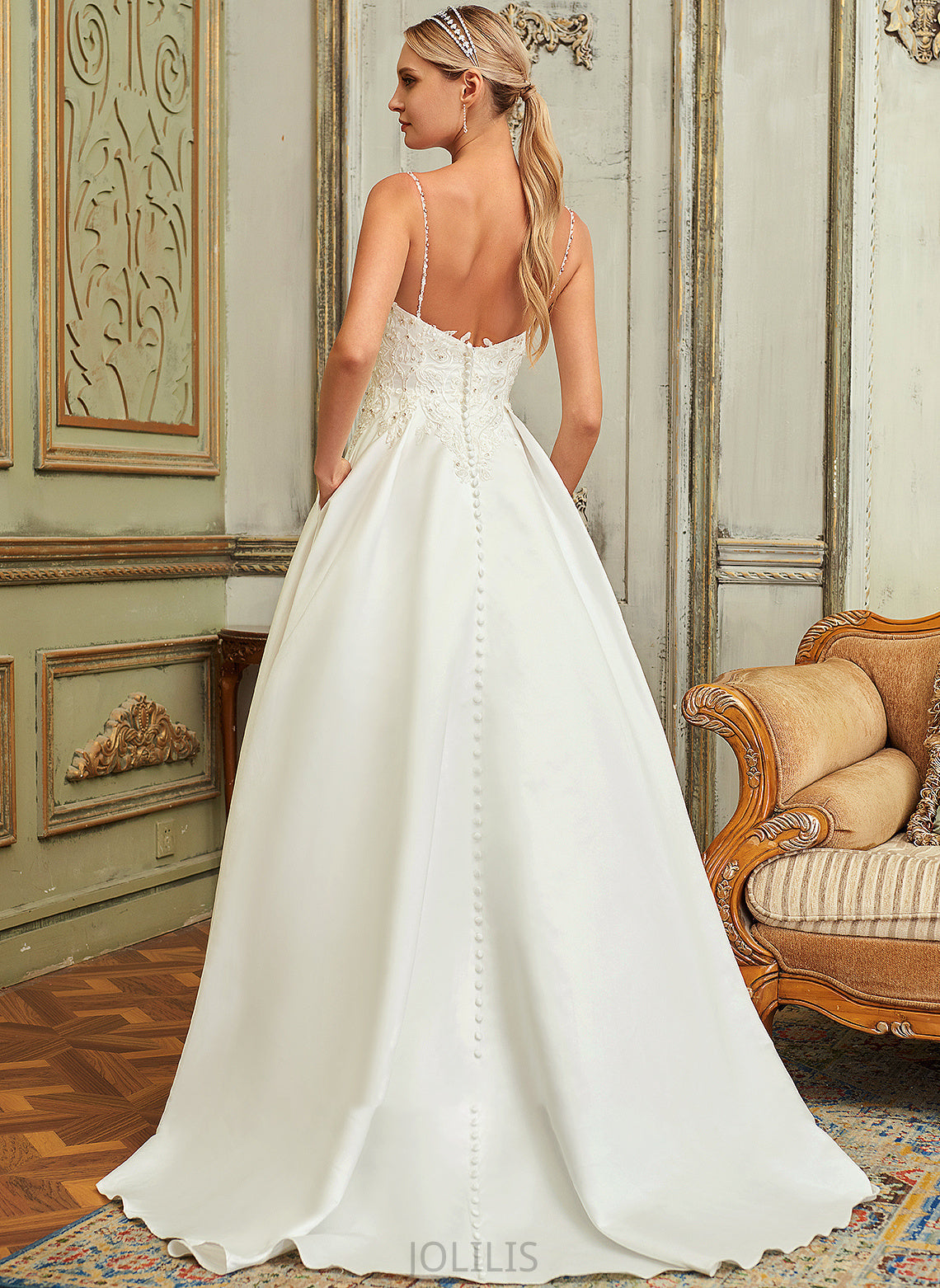 Wedding Pockets Train Sequins With Satin Lace Sweep Dress Madisyn Wedding Dresses Ball-Gown/Princess Beading Lace V-neck