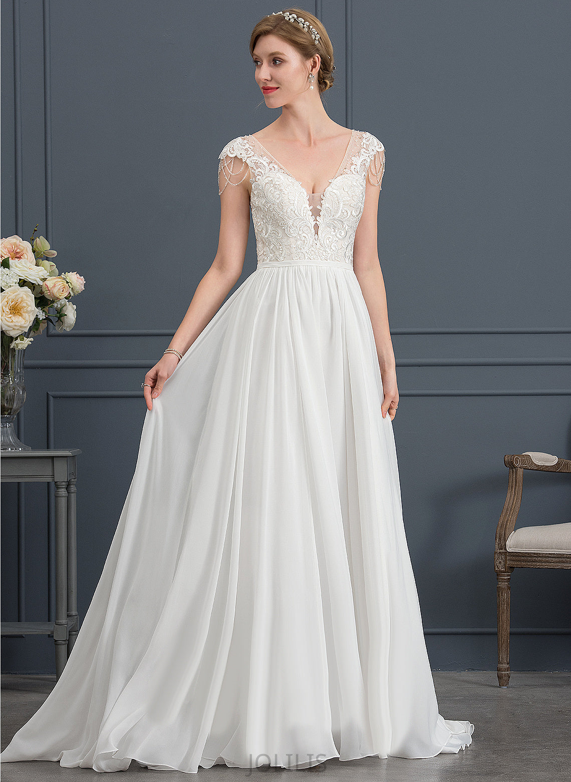 Dress Sequins Amani V-neck A-Line Sweep Train Chiffon With Wedding Lace Beading Wedding Dresses