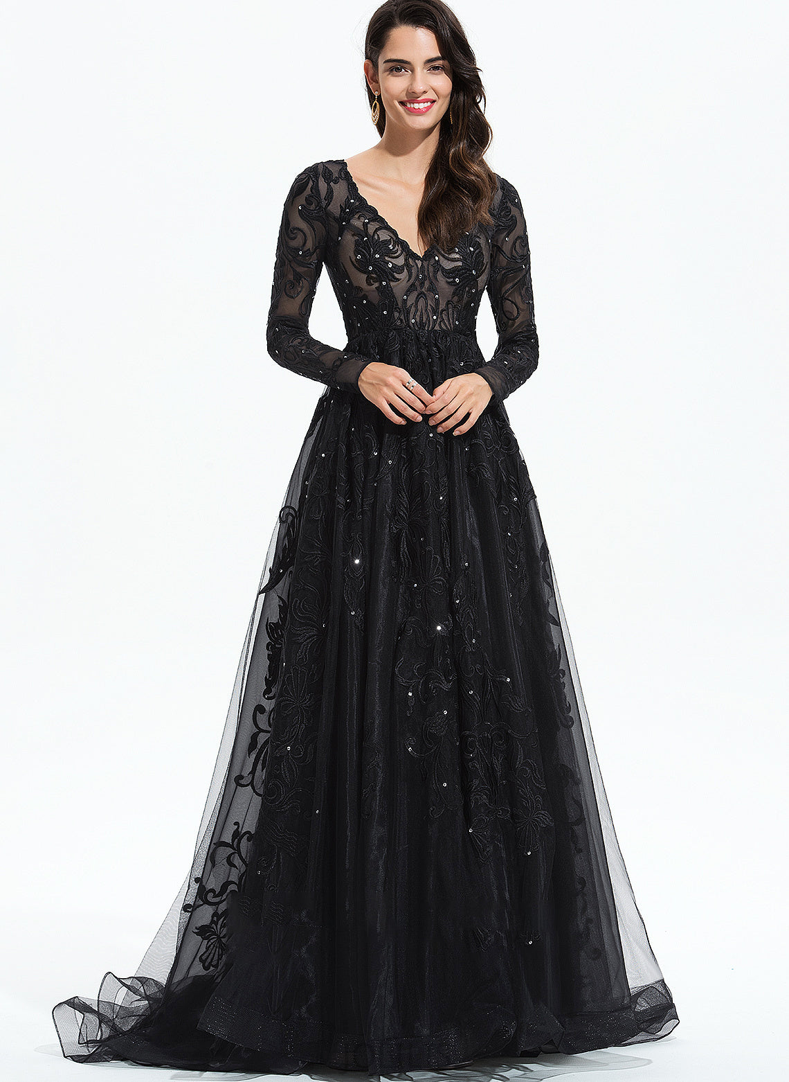 Hadley V-neck Ball-Gown/Princess Sweep Sequins With Train Prom Dresses Tulle Lace