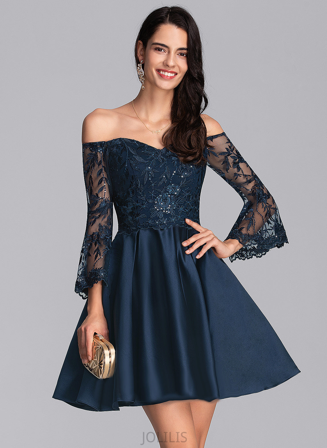 Short/Mini Dress Satin Lace Homecoming Off-the-Shoulder Homecoming Dresses A-Line With Adrianna