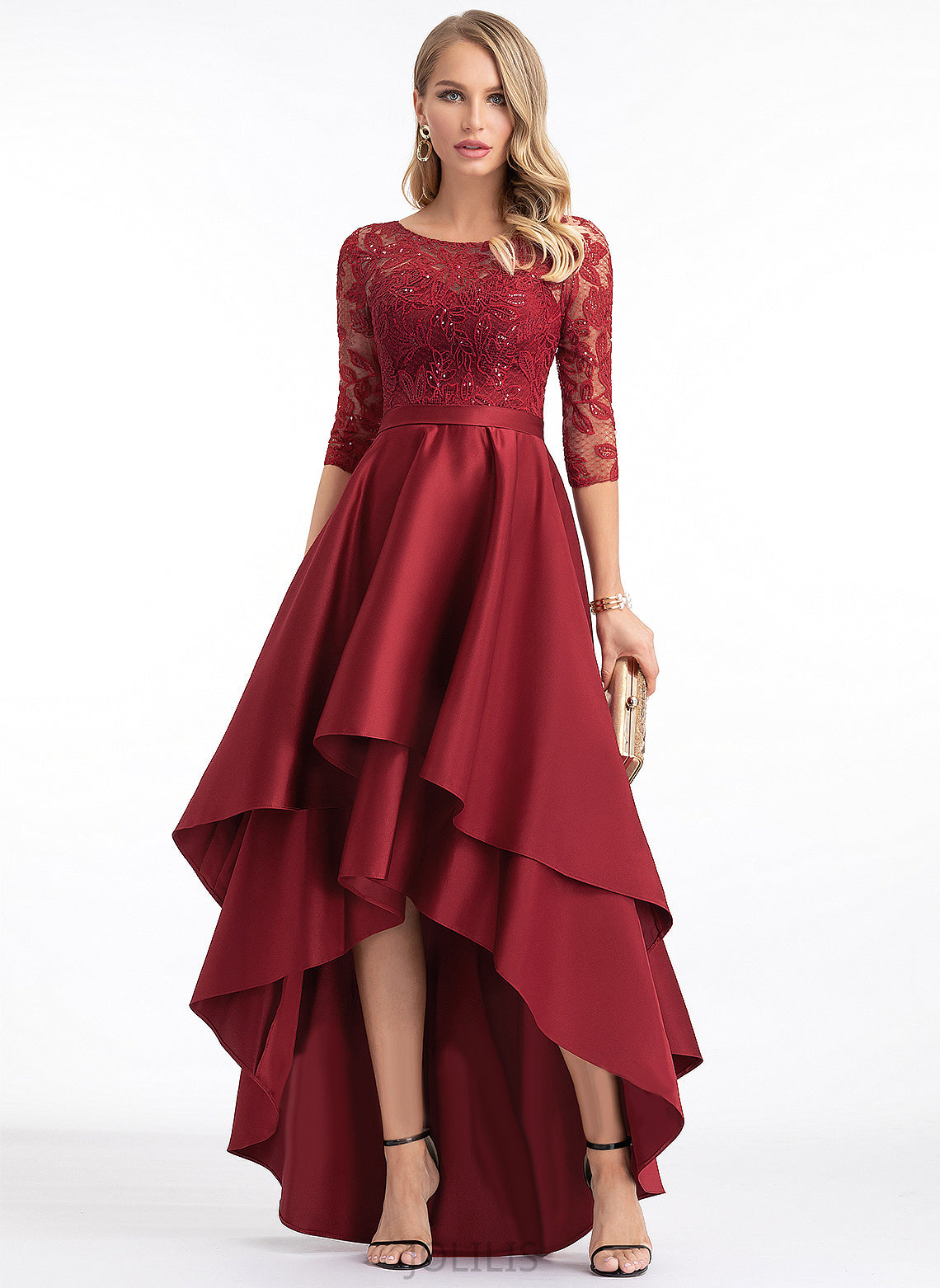 A-Line Asymmetrical Satin Scoop Prom Dresses Lace With Magdalena Sequins