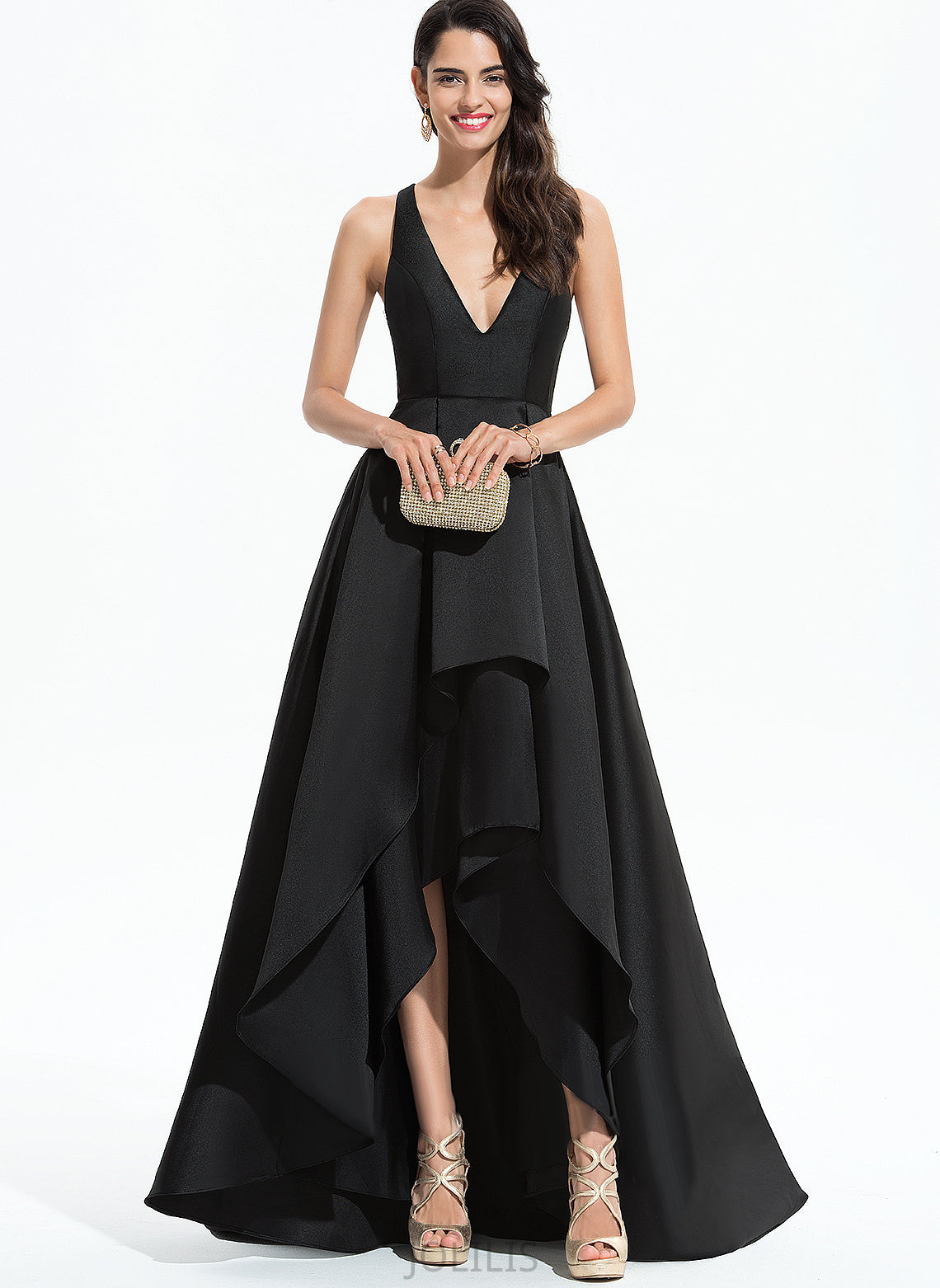 Nicole A-Line Prom Dresses Satin Asymmetrical V-neck