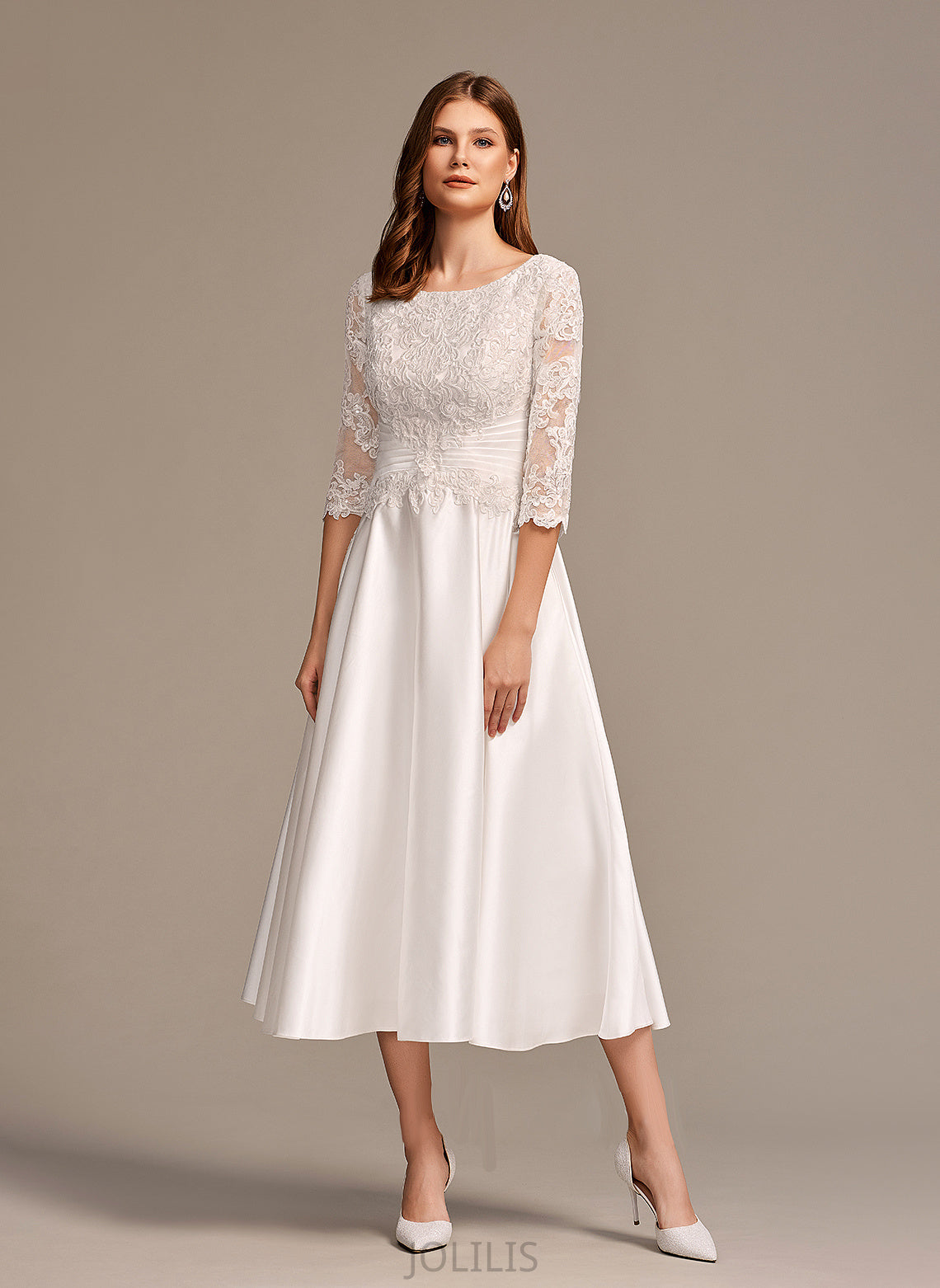 Dress Scoop Tracy Neck Tea-Length Pockets Wedding With Wedding Dresses A-Line