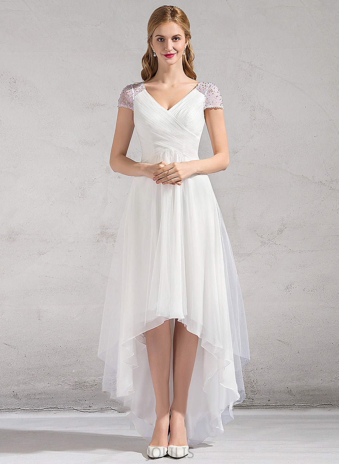 A-Line V-neck Asymmetrical Tulle Lacey Dress Ruffle Sequins Beading Wedding Dresses With Wedding