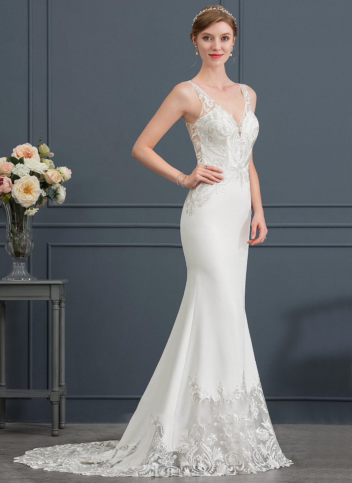 Crepe Trumpet/Mermaid Wedding Dresses Jaylyn Stretch Train Dress Wedding Court V-neck