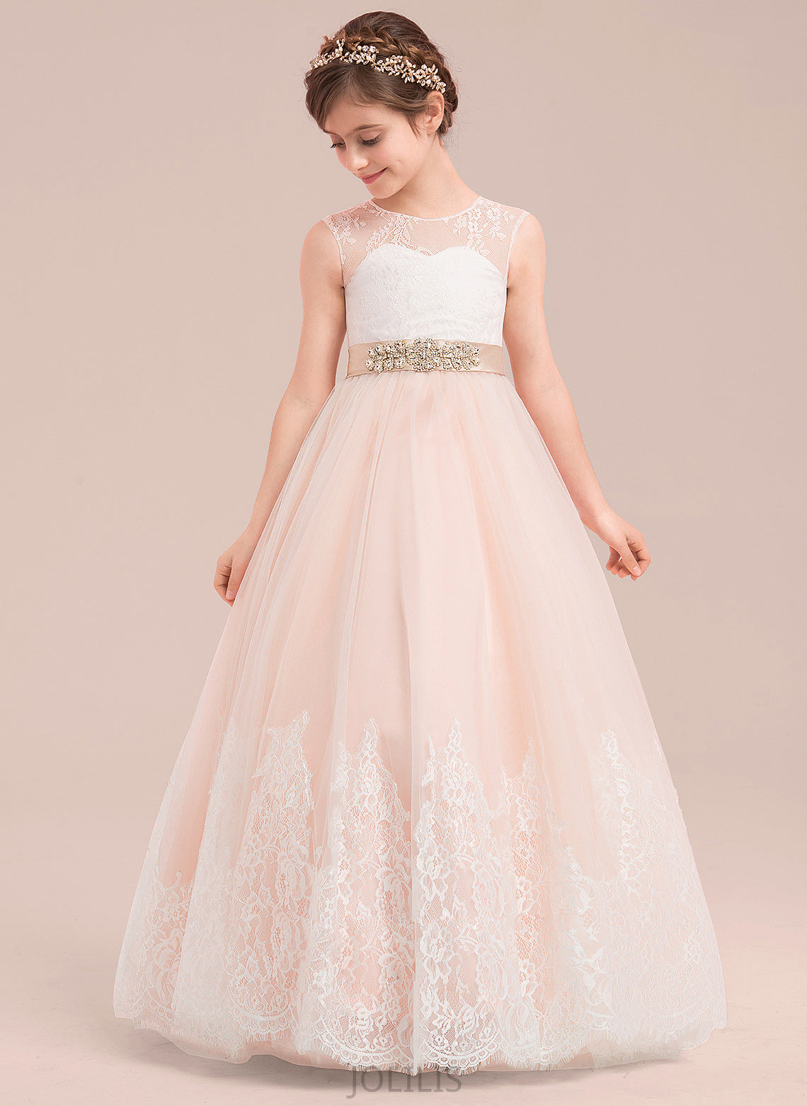 Scoop With Sleeveless Satin/Tulle/Lace Girl Madilynn Flower - Floor-length Dress Beading Neck Ball-Gown/Princess Flower Girl Dresses