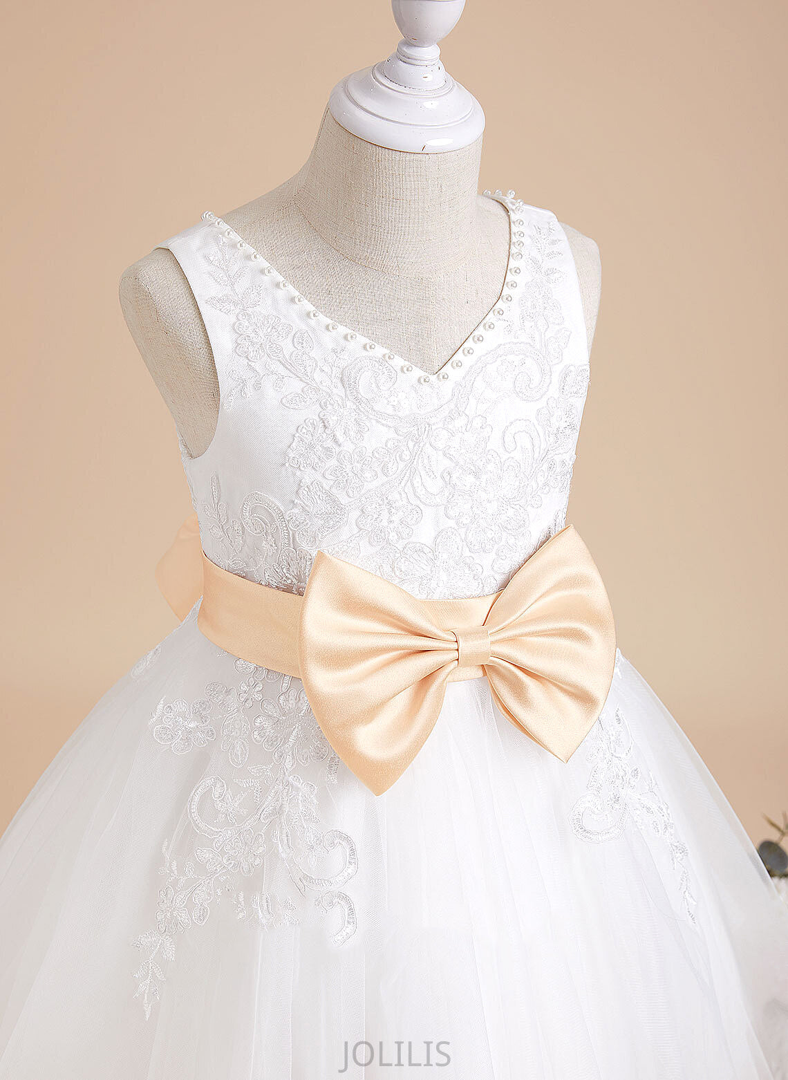 '- Dress Sleeveless Gloria Sash/Beading/Bow(s) Tulle/Lace Knee-length V-neck Flower Girl Dresses With Girl Flower A-Line