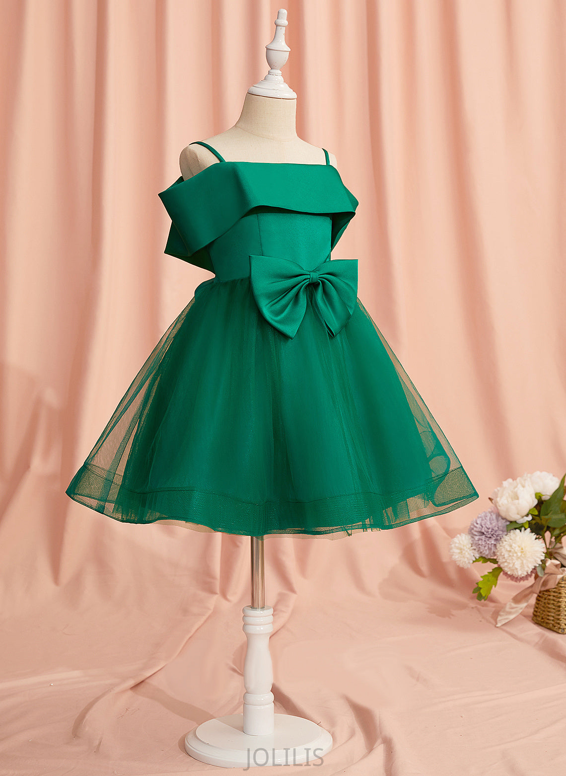 Flower A-Line With - Satin/Tulle Flower Girl Dresses Girl Giuliana Sleeveless Bow(s) Dress Knee-length Off-the-Shoulder