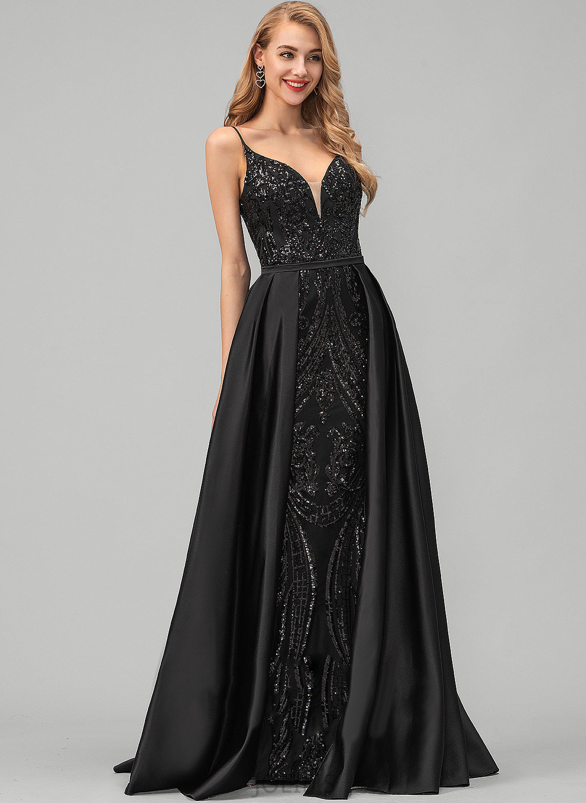 Floor-Length Sheath/Column Satin Rebekah Sequined Prom Dresses V-neck