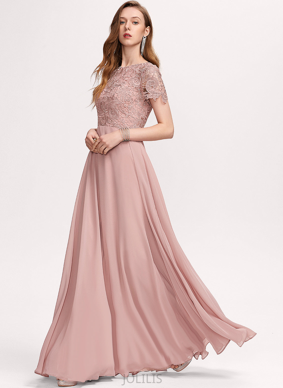 Floor-Length Scoop Lace Sequins Prom Dresses Chiffon With Johanna A-Line