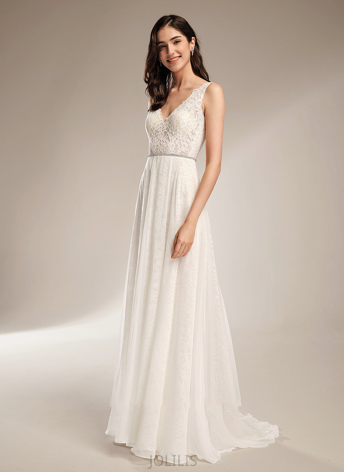 Dress With V-neck Sweep Wedding Wedding Dresses A-Line Beading Train Guadalupe