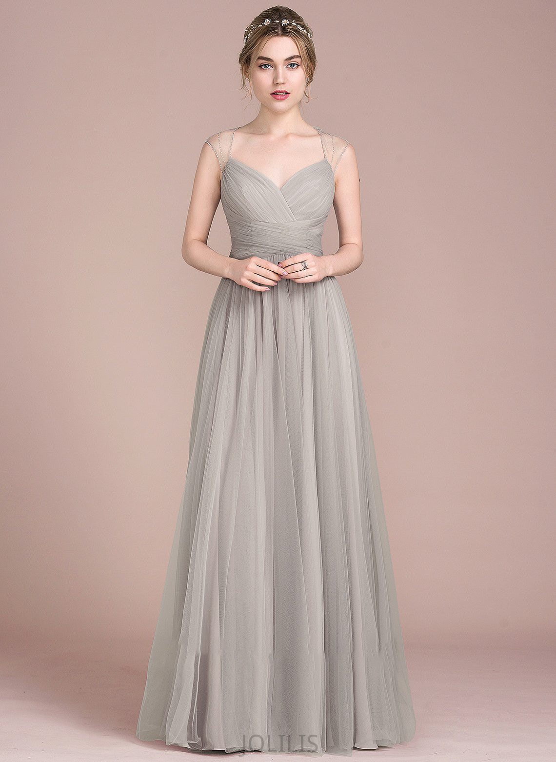 Beading Ruffle V-neck Floor-Length Tulle With Ball-Gown/Princess Prom Dresses Paula