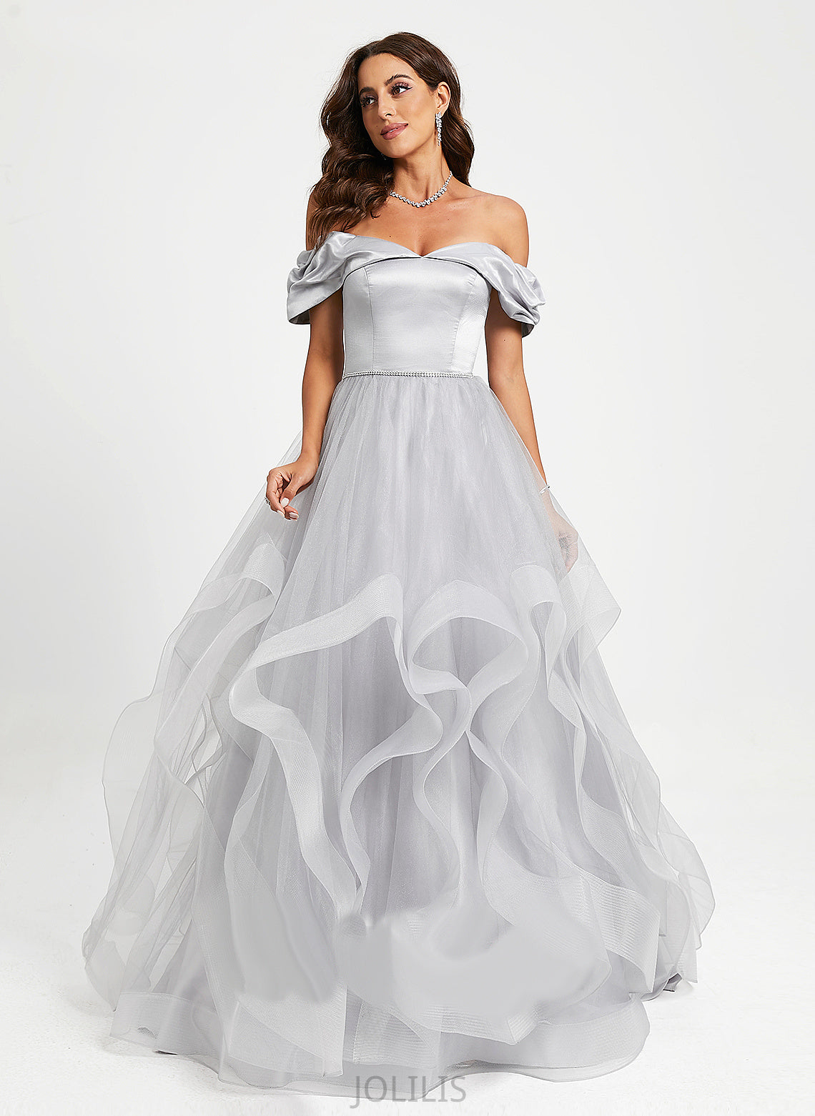 Train Jenna Ball-Gown/Princess Off-the-Shoulder Prom Dresses Tulle Sweep Satin