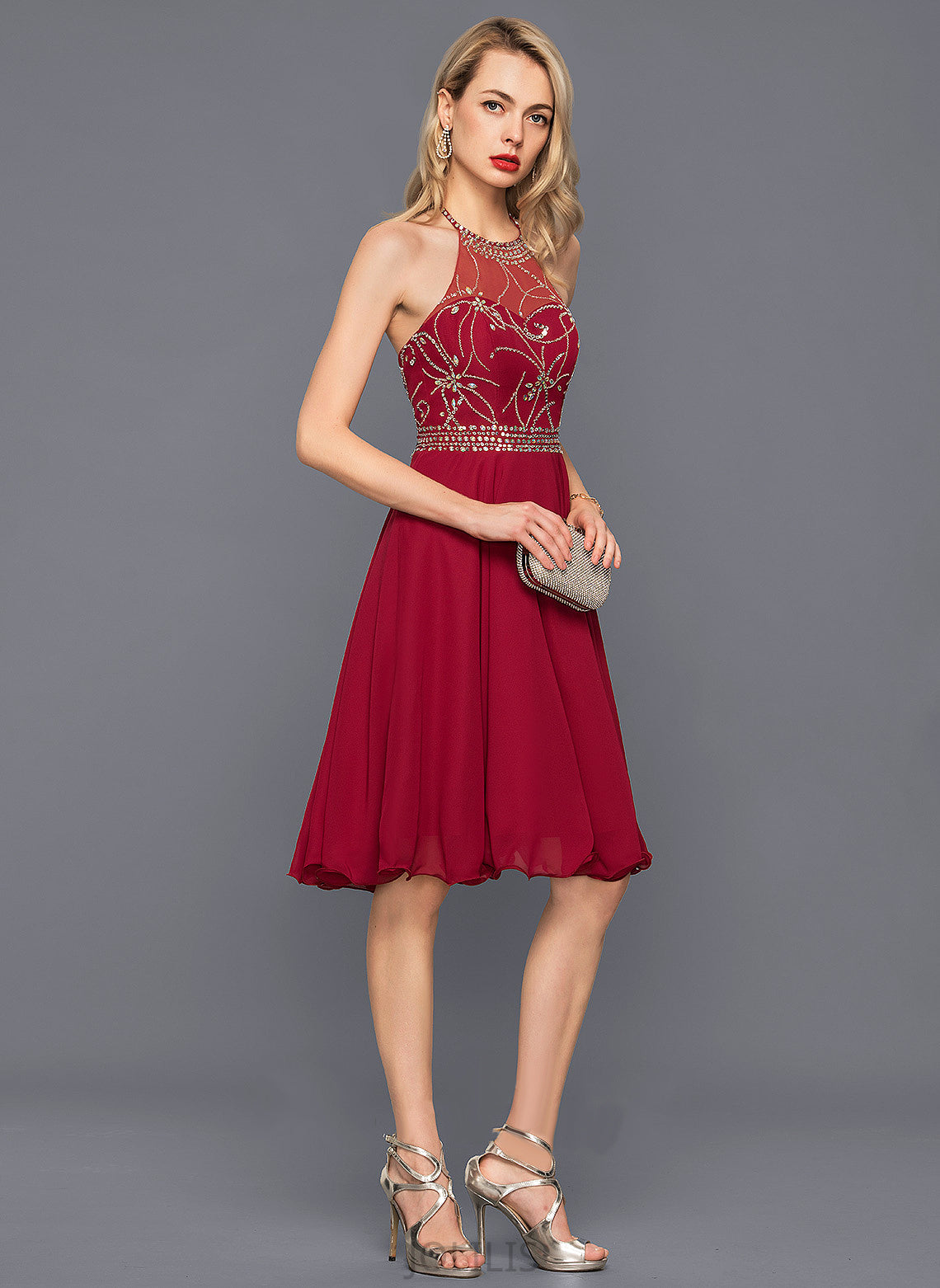 Cocktail Knee-Length Chiffon Noemi Dress Sequins Beading A-Line Halter Cocktail Dresses With