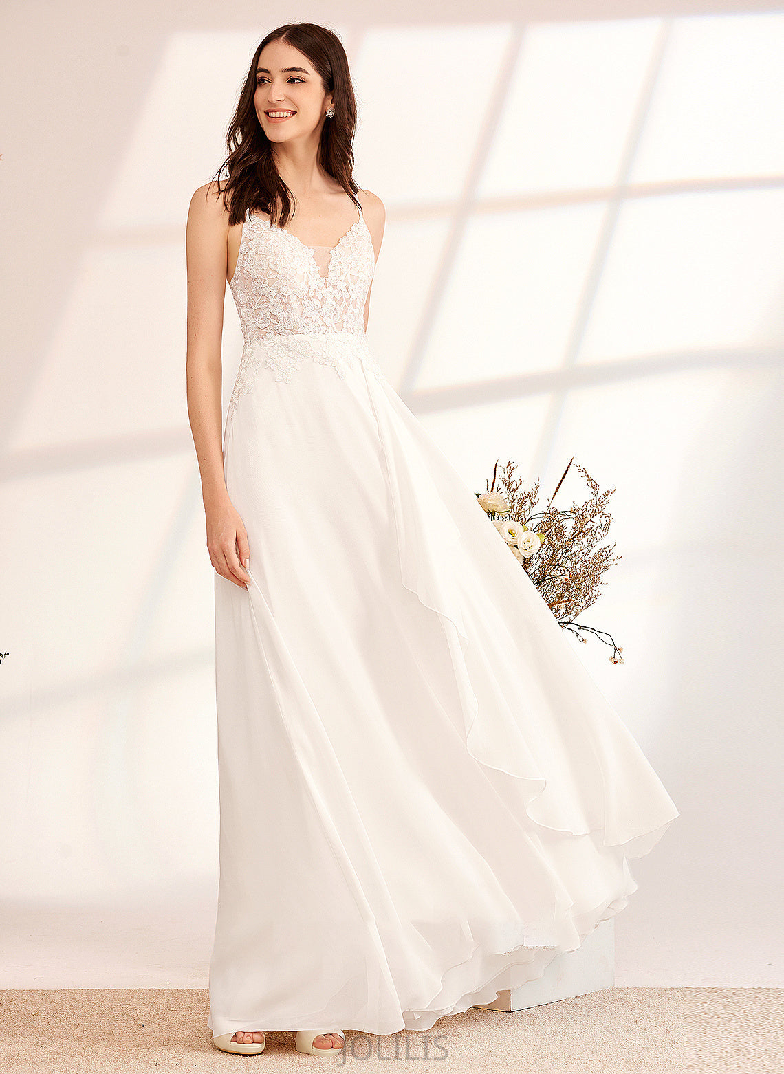 Floor-Length Dress Wedding A-Line V-neck Adeline Sequins Wedding Dresses With