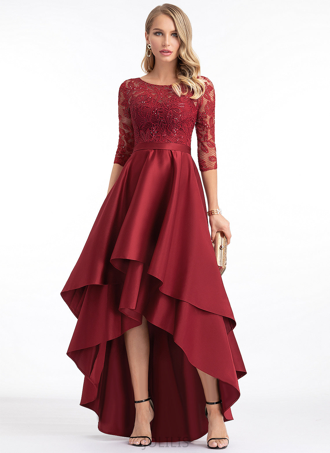 Scoop A-Line Asymmetrical Satin With Anastasia Prom Dresses Illusion Sequins Lace