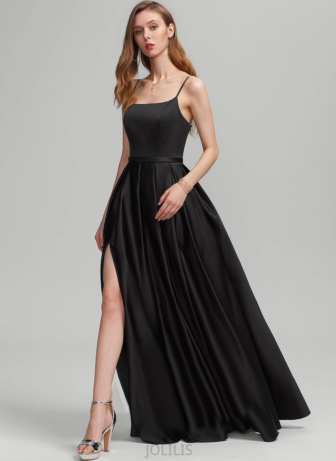 A-Line Floor-Length Square Luciana Satin Prom Dresses