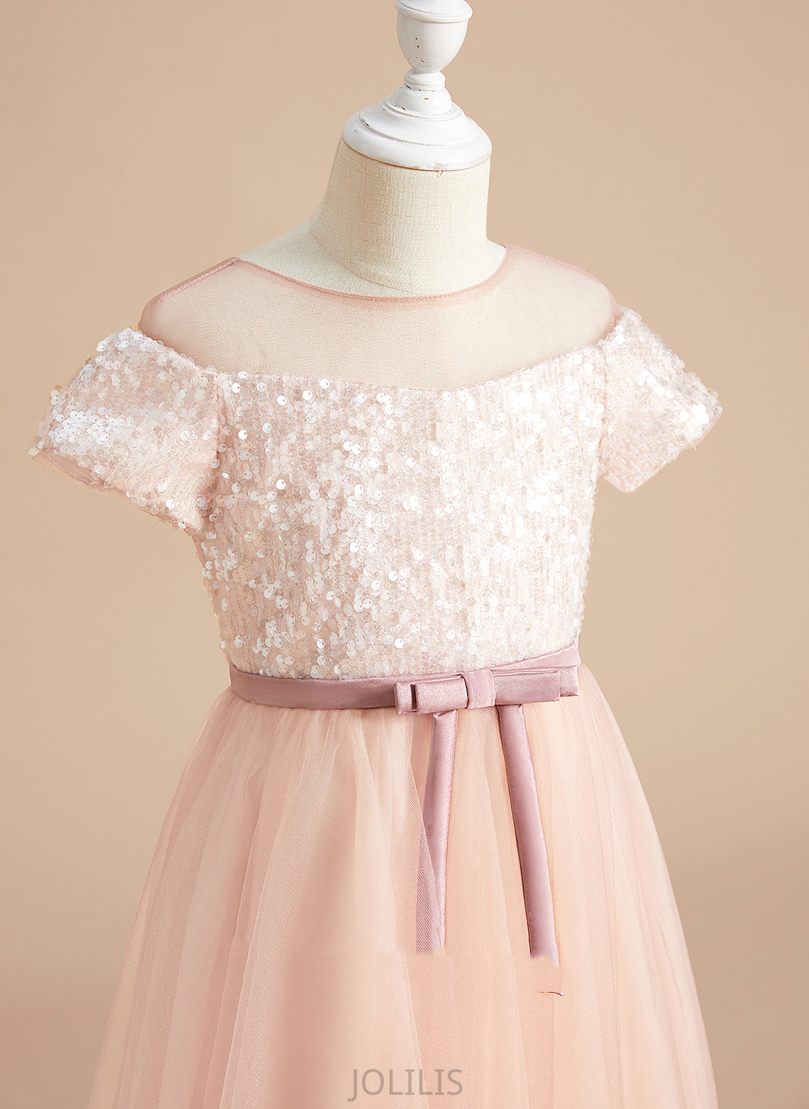 Scoop - Girl Tea-length A-Line Sash/Bow(s) Dress Flower Girl Dresses Neck Naomi Tulle Short Flower With Sleeves