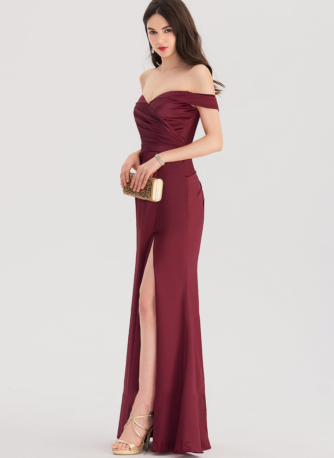 Split Floor-Length Alison Off-the-Shoulder Ruffle Front With Satin Sheath/Column Prom Dresses