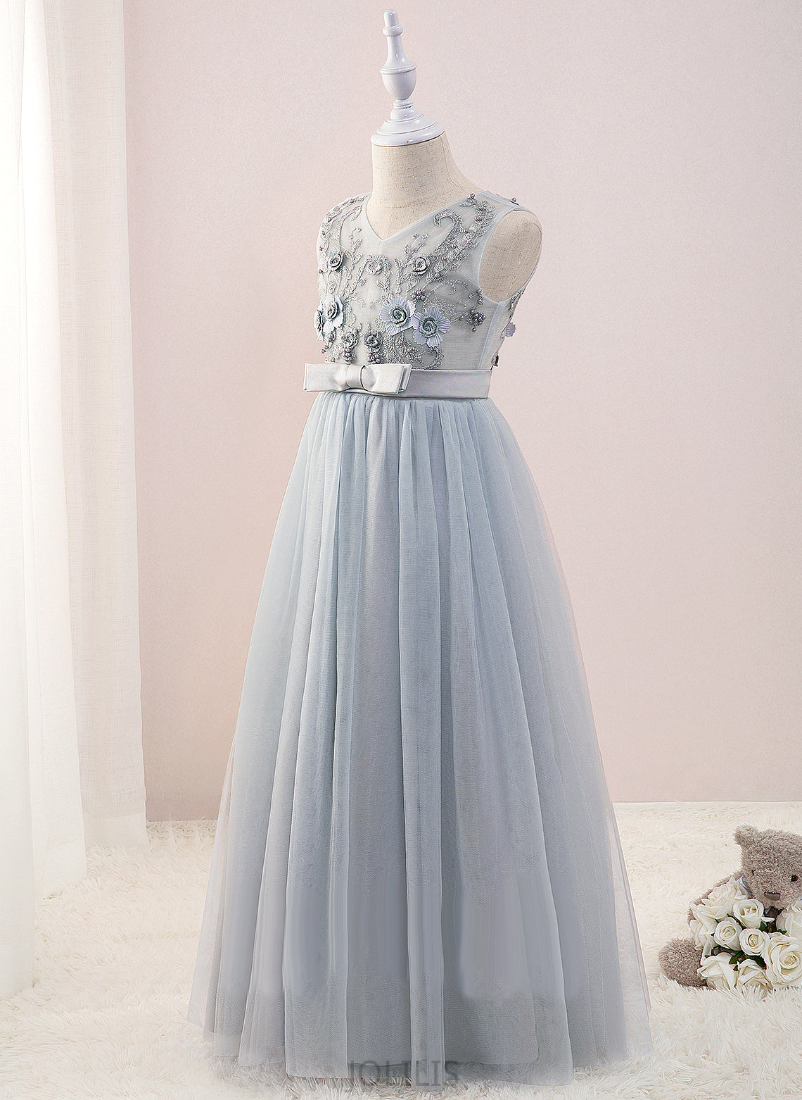 A-Line Sleeveless Girl Desirae V-neck Flower Girl Dresses Flower - With Floor-length Beading/Flower(s) Dress Tulle/Lace