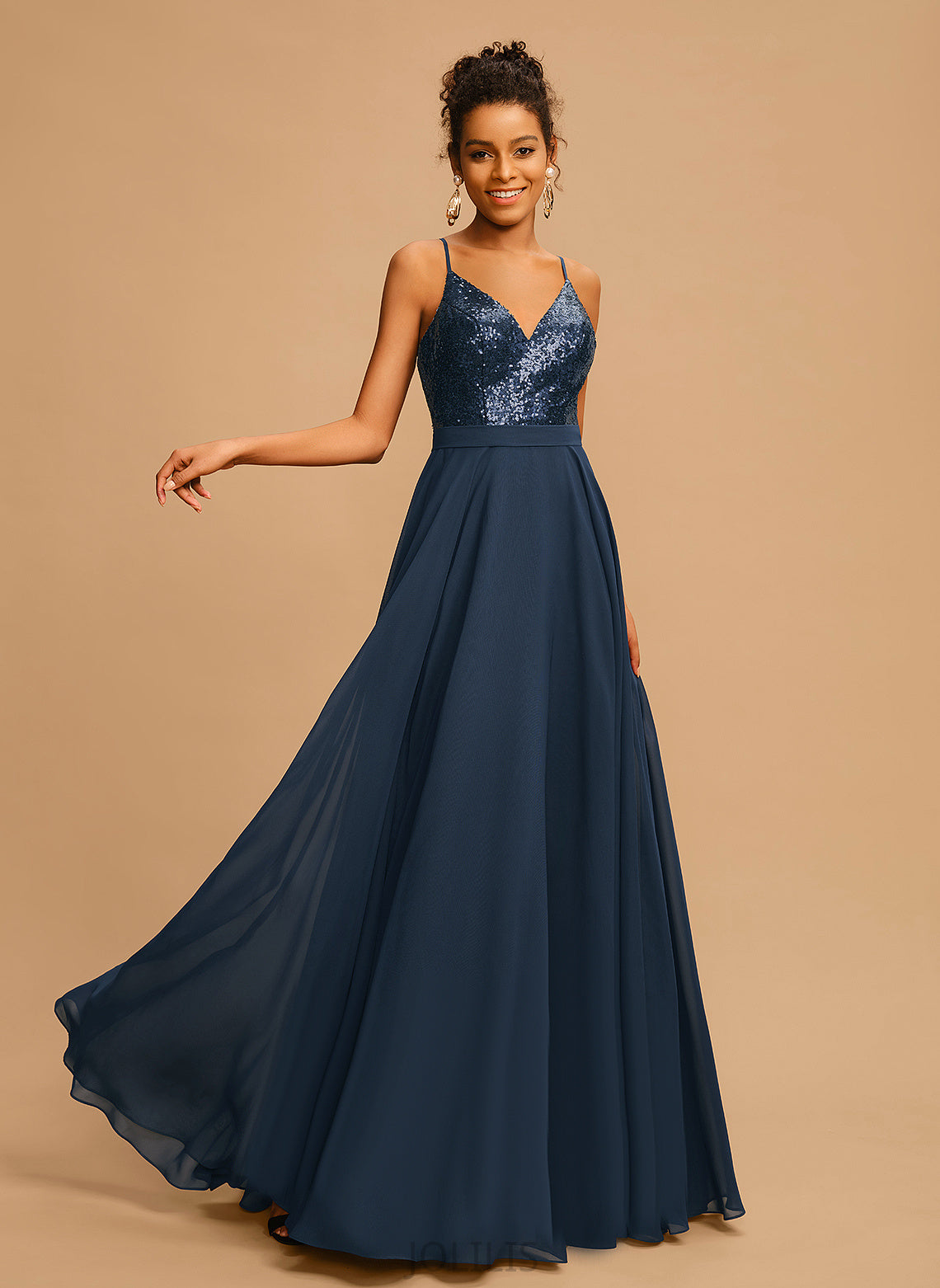 Sequined Chiffon V-neck With Floor-Length Sequins Mira A-Line Prom Dresses