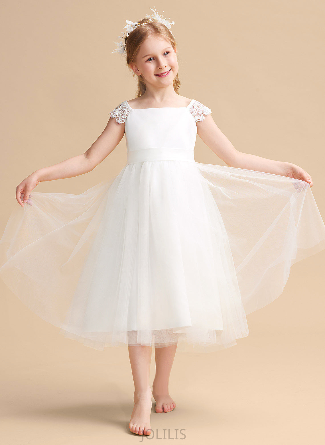 Lace/Sash Dress Sleeveless Girl Flower Girl Dresses Neckline Satin/Tulle A-Line - Square With Flower Christina Tea-length