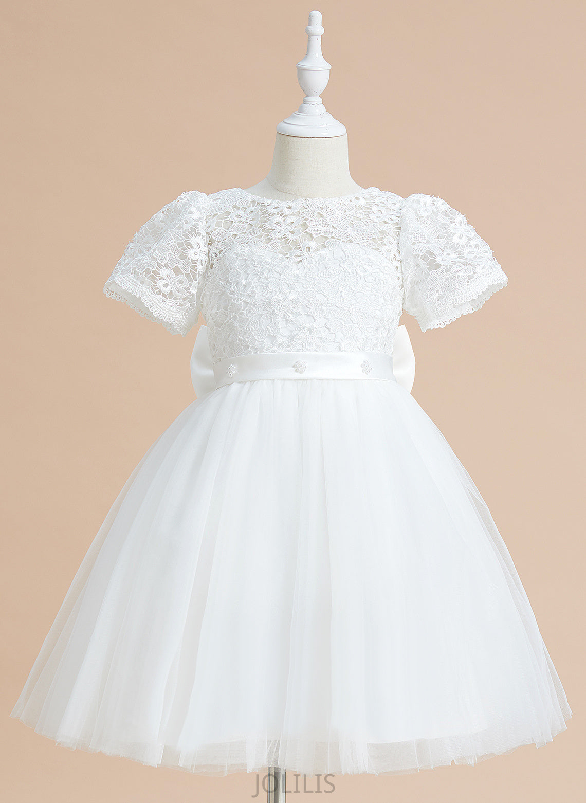 Tulle/Lace Girl Short Neck Knee-length Flower - With Sleeves Nathalia Bow(s) Scoop A-Line Flower Girl Dresses Dress