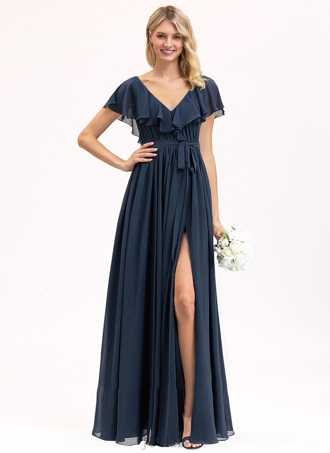 A-Line V-neck Mariela Cascading Bow(s) Chiffon Floor-Length Split With Ruffles Front Prom Dresses