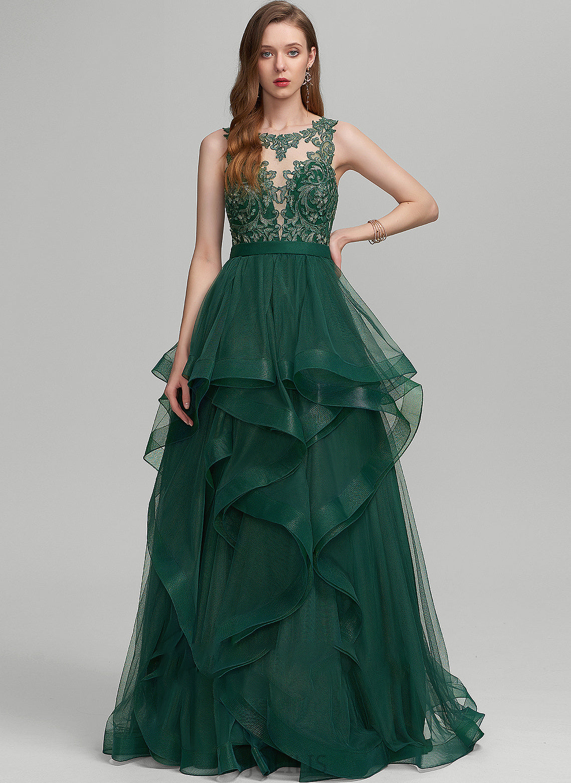 Scoop Neck Lace Ball-Gown/Princess With Riley Floor-Length Prom Dresses Tulle Ruffle