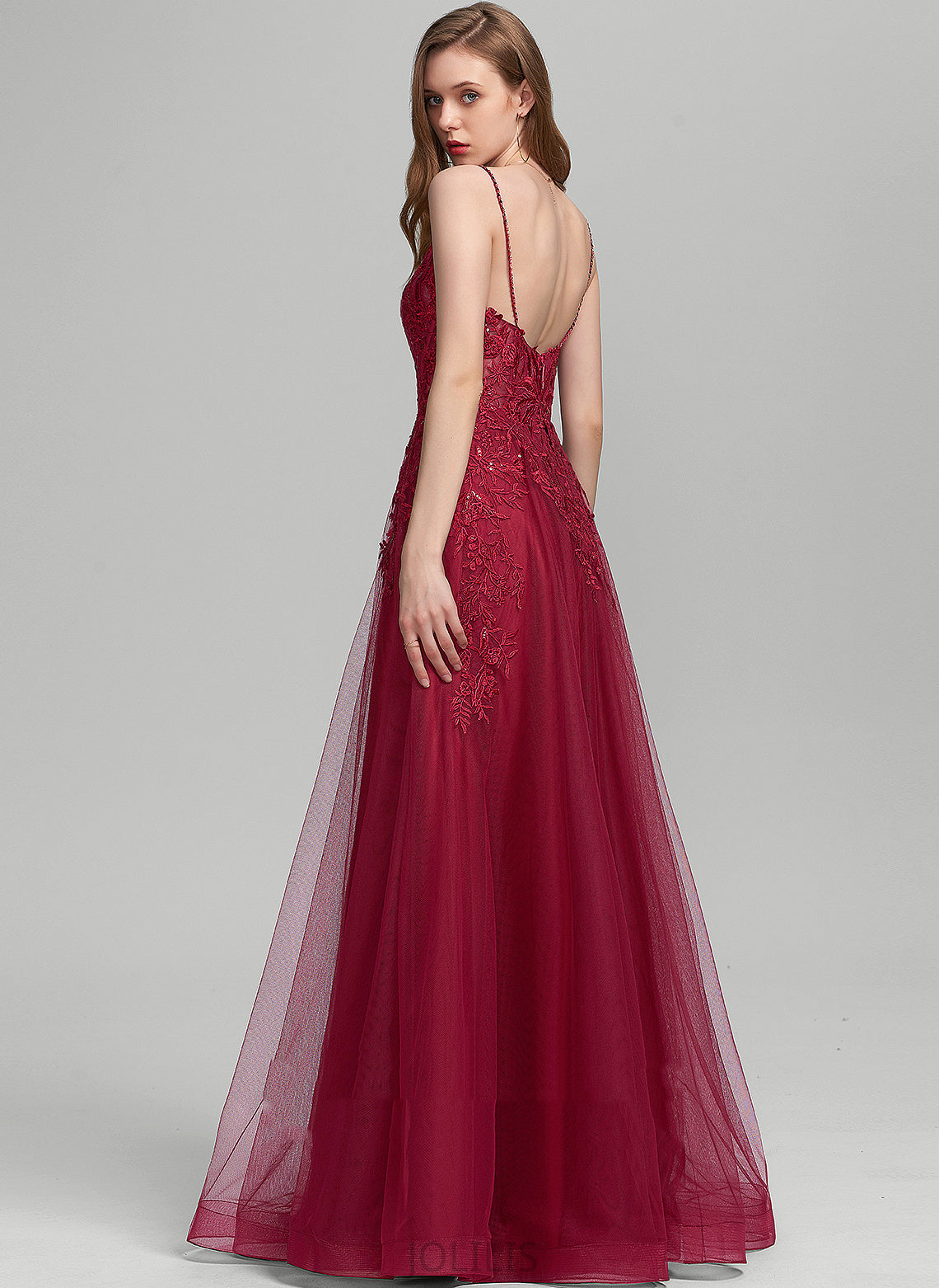 Edith Ball-Gown/Princess With Beading Lace Floor-Length Sequins V-neck Tulle Prom Dresses