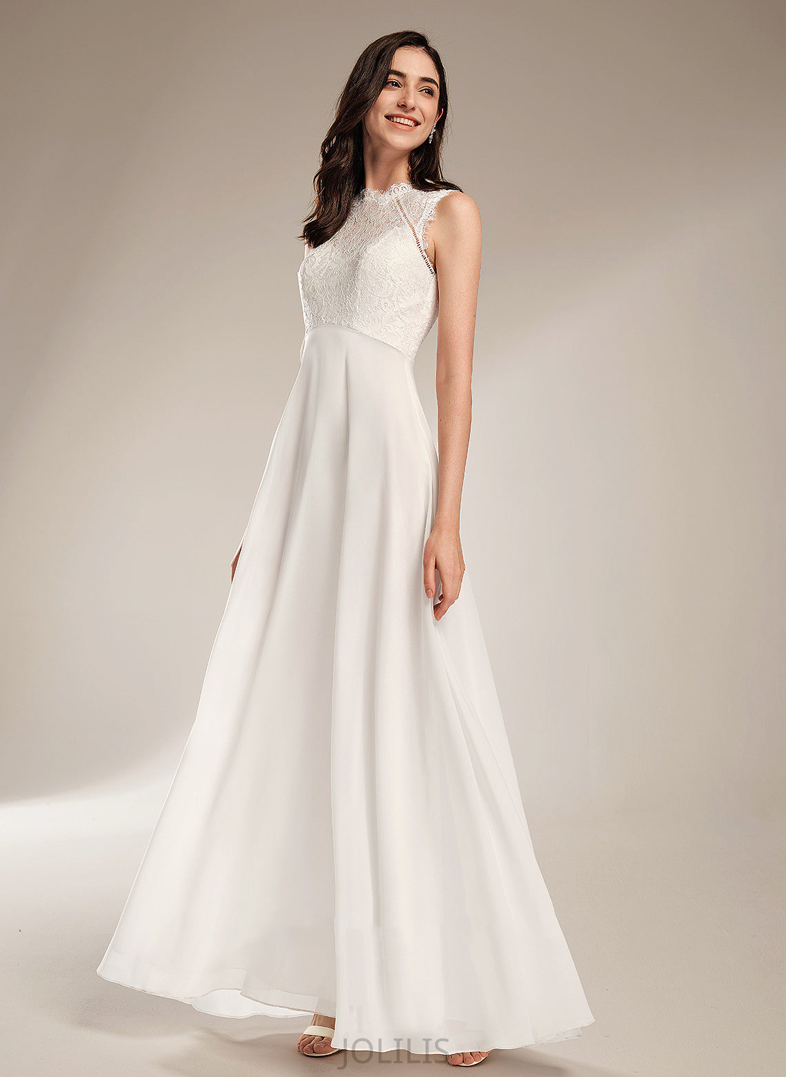 Chiffon A-Line Millicent Scoop Wedding Dresses Floor-Length With Dress Neck Wedding Lace