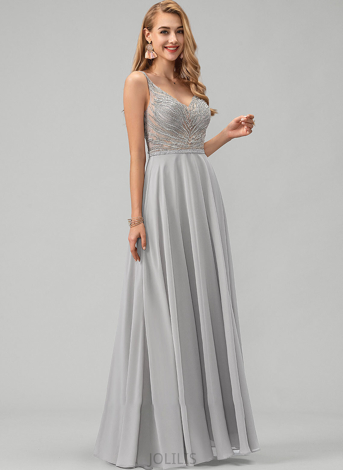 Sequins V-neck Prom Dresses Beading With Rosalyn Chiffon A-Line Floor-Length