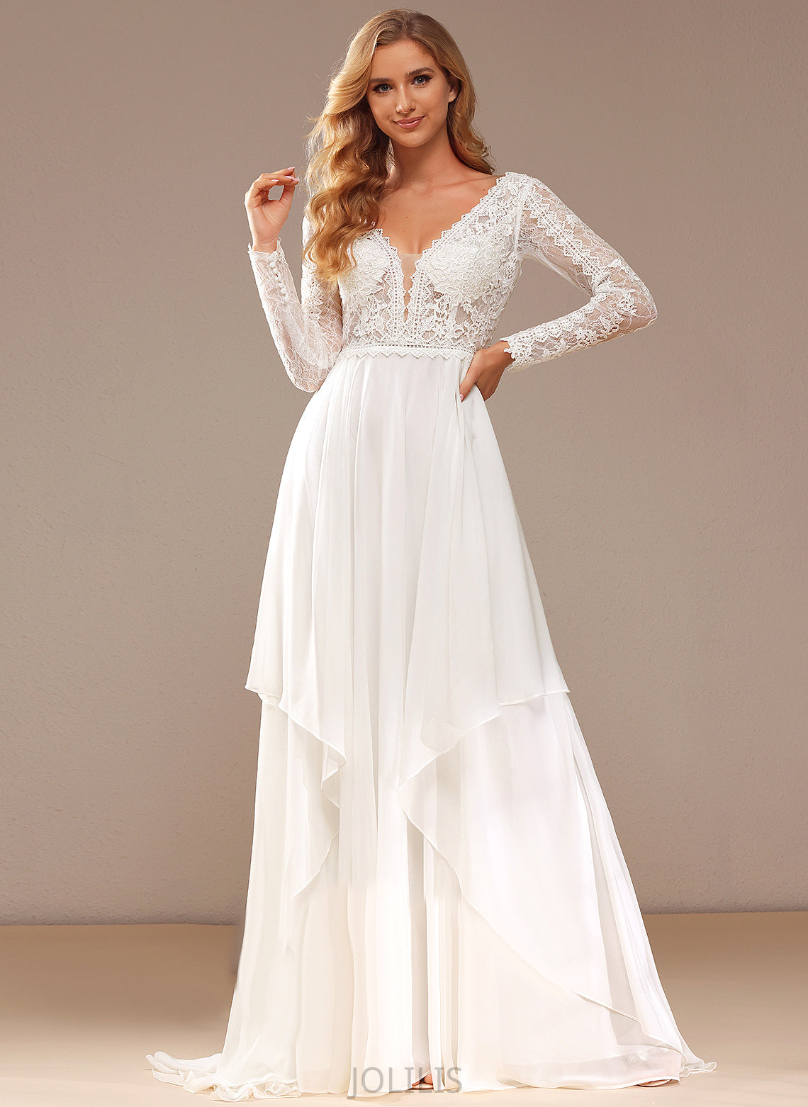 With Dress Court Ruffle Wedding Train Wedding Dresses Lace A-Line V-neck Chiffon Maci Lace